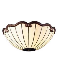 a light fixture with a white glass shade on the bottom and brown trimmings