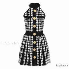 Lasaky - Sophisticated Sleeveless Fit and Flare Mini Dress with Contrast Buttons, Houndstooth Print, and Pleated Sweater Design Balmain Dress, Knit Skater Dress, Houndstooth Dress, Flare Mini Dress, Houndstooth Pattern, Halterneck Dress, Knit Mini Dress, Sweater Design, Custom Dresses