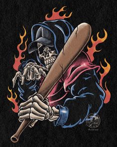 a drawing of a skeleton holding a baseball bat and wearing a hat with flames behind it