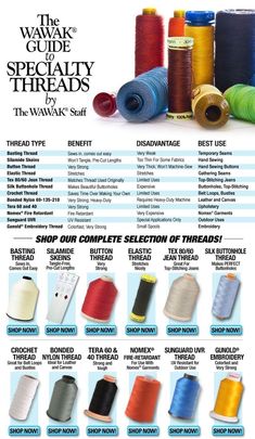 the instructions for sewing threads are shown in this poster, which shows different colors and sizes