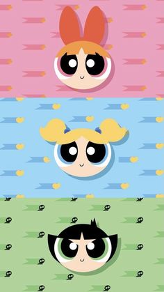 the powerpuff girls movie poster is shown in three different colors and sizes, each with