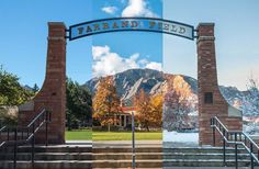 two photos side by side with the same building and mountains in the background as well