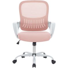 a pink office chair with wheels on the back and armrests, against a white background