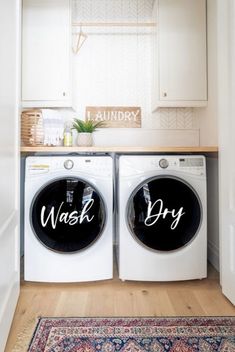 two washers with the words wash dry written on them