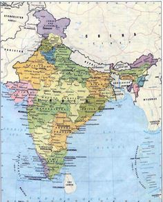 a large map of india with all the states and major cities on it's borders