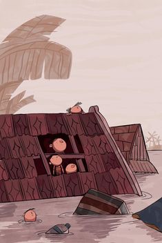 a cartoon scene with people in a house surrounded by debris