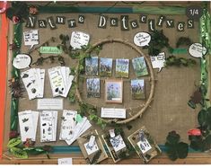 a bulletin board with pictures and plants on it that says, nature delecttives