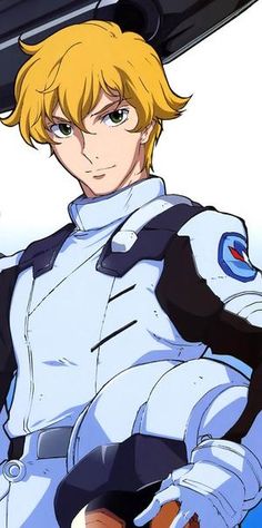 an anime character with blonde hair and blue eyes, wearing a white suit and black gloves