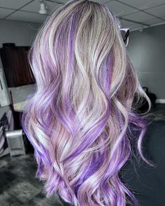 Blonde Hair And Purple Highlights, Light Purple Streaks In Blonde Hair, Silver With Purple Highlights, Blonde Hair With Purple Lowlights, Pink And Purple Highlights Blondes, Blonde With Purple Lowlights, Purple Blonde Hair Highlights, Violet Highlights In Blonde Hair