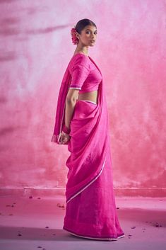 Magenta Kagaj Baha Sari Celebrity Closet, Linen Yarn, Sari Blouse, Fine Linen, Linen Blouse, Blouse Fabric, Pink Fabric, Petticoat