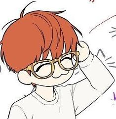 a drawing of a boy wearing glasses and holding his head in one hand with the other