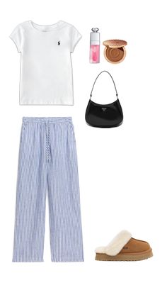 Outfit, shirt, white shirt, pants, blue pants, white pants, blue striped pants, striped pants, bag, black bag, little bag, stockholm style White Blue Striped Pants Outfit, Blue White Striped Pants Outfit, White And Blue Striped Pants Outfit, Light Blue Pants Outfit, Blue Stripes Outfit