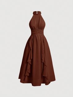 Solid Ruffle Trim Halter Neck Ruched Waist Pink Summer Dress,Flamenco Dress Mocha Brown Casual  Sleeveless Woven Fabric Plain A Line Non-Stretch  Women Clothing, size features are:Bust: ,Length: ,Sleeve Length: Rust Linen Dress, Mocha Dress Outfit, Earth Color Dress, Halter Neck Dress Casual, Witchy Chic, Dresses For Curvy Women, Dope Fashion Outfits, Brown Halter Dress, Outfit Rosa