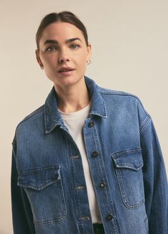 A shacket for all seasons. Cut from comfort-stretch denim, the Dad Shacket in Inez has been washed down to a classic blue with grit and texture creating highs and lows at the seams for a vintage look. It already feels broken in but will get even better with each wear.99% Cotton, 1% ElastaneBambi is 5'8" wearing size XS. Everyday Medium Wash Shacket For Fall, Everyday Medium Wash Fall Shacket, Washed Medium Wash Utility Jacket, Everyday Washed Shacket, Classic Washed Blue Denim Jacket With Flap Pockets, Relaxed Fit Washed Blue Outerwear With Flap Pockets, Everyday Denim Shacket For Fall, Unstructured Medium Wash Denim Jacket With Pockets, Relaxed Fit Denim Blue Outerwear With Flap Pockets