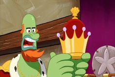 a cartoon character with a crown on his head pointing to the side while another character looks at him