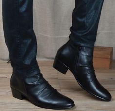 Mens Pleated Leather Pointy Toe Ankle Riding Boots Zipper Cuban Heel Dress Shoes | eBay Cuban Heels Men, Men Heels Boots, Cuban Heel Boots Men, High Boots For Men, Mens High Heel Boots, Black Dress Spring, Mens Heeled Boots, Heels For Men, Cuban Heel Boots