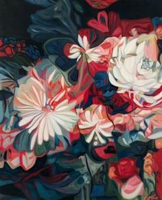 an abstract painting of flowers in red, white and blue colors on a black background