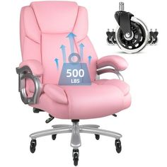 a pink leather office chair with wheels on each side and an image of a wheel attached to the back