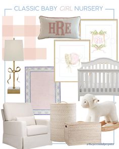 a baby girl nursery design board with pink and white accents, including a crib