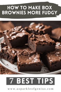 brownies on a plate with the title how to make box brownies more fudgey