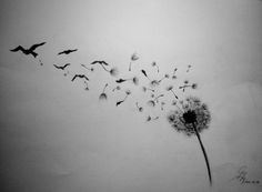 a dandelion with birds flying around it and some words written on the side