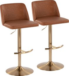 pair of brown leather bar stools with gold metal base and foot rests on white background