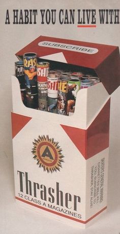 an advertisement for thrash magazine with a red and white box full of magazines in it