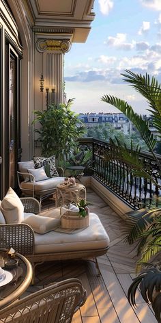 a balcony with wicker furniture and potted plants