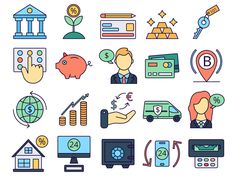 flat line icon set with business and finance related items such as money, credit cards, car keys, bank notes