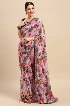 Buy Lavender Georgette Floral Printed Saree Online Pink Georgette Pre-draped Saree With Floral Print, Pink Floral Pre-draped Saree In Georgette, Pink Floral Print Pre-draped Georgette Saree, Pink Floral Pre-draped Georgette Saree, Purple Blouse Piece With Sheer Dupatta, Floral Print Saree For Wedding, Pink Floral Print Saree For Navratri, Bollywood Style Pre-draped Pink Saree With Floral Print, Bollywood Style Pre-draped Floral Saree In Pink