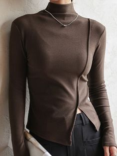 Zolucky offers stylish and concessional T-shirts.. SPU: 2941FT-67E6ED, Color: Black White Apricot Black-grey Coffee Khaki, Style:Casual, Thickness:Regular. Gray Top For Fall, Gray Turtleneck Top For Layering, Mock Neck And T Shirt, Womens Basic Tops, Shirt Blouses Women's, Autumn T Shirts, Coffee Color, Bottoming Shirt, Women Long Sleeve Tops