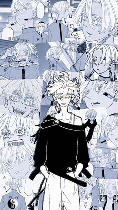 an anime character surrounded by many different faces and hair styles, all in black and white