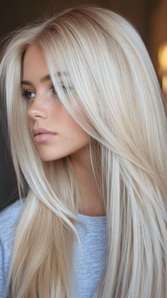 Bright Platinum Blonde Highlights, Bright Blonde Lowlights, Platinum Blonde Hair Pale Skin Blue Eyes, Platinum White Blonde Hair, Porcelain Skin Hair Color, Winter Platinum Blonde Hair, Blonde Bangs Long Hair, Bleach Blonde Hair Platinum, Layered Long Blonde Hair