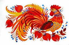 an artistically painted rooster with red and yellow feathers