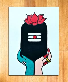 a drawing of a woman's hand holding a black object with a red flower on it