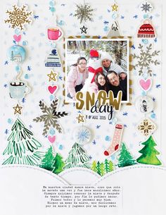 a scrapbook page with snow and christmas decorations