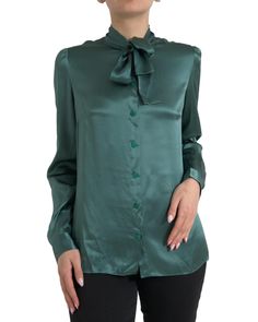 Dolce & Gabbana Silk Blouse Top1 Luxury Silk Tops For Workwear, Green Long Sleeve Formal Blouse, Green Long Sleeve Blouse For Formal Occasions, Elegant Silk Tops With Button Closure, Elegant Silk Button-up Top, Designer Silk Tops For Work, Green Silk Button-up Blouse, Luxury Evening Button-up Tops, Luxury Button-up Evening Tops