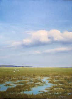 an oil painting of some animals in a field with water and grass under a cloudy blue sky