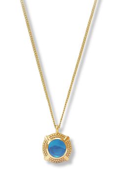 This gorgeous necklace features a polished round London Blue gemstone set in a stunning beaded golden X motif. Suspended from a delicate curb chain, this necklace is both elegant and versatile, making it the perfect addition to any outfit. Elevate your look with this timeless piece from Julie Vos. 24K gold plate, CZ Length: 19 / 19.5 / 20 inches (adjustable) Julie Vos hallmark Round Amulet Necklace With Box Chain, Blue Jewelry With Chain And Round Pendant, Blue Jewelry With Round Pendant Chain, Blue Round Pendant Jewelry With Chain, Blue Round Pendant Chain Jewelry, Blue Medallion Jewelry With Adjustable Chain, Blue Pendant Necklace With Box Chain, Elegant Blue Necklace With Box Chain, Elegant Blue Necklace With Chain