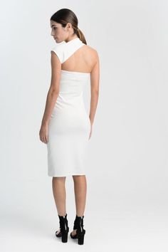 Midi Cocktail Dress / Formal Dress / Pencil Dress / Party | Etsy White Sleeveless Bandage Dress For Date Night, Elegant Stretch Sleeveless Cocktail Dress, Stretch Sleeveless Cocktail Dress, White Sleeveless Halter Dress For Night Out, Sleeveless Spring Bandage Dress For Formal Events, Chic Sleeveless Evening Bandage Dress, Fitted One Shoulder Wedding Dress, Fitted One-shoulder Wedding Dress, Elegant Formal Stretch Sleeveless Dress