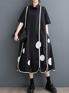 Sku CY-!163300 Material < 30% Polyester , >70%Cotton Style Loose , A-line , Half Sleeves Feature Pockets , Buttoned , Polka-dot , Split-front , Split-joint Neckline Lapel Occasion Vintage , Leisure Fashion Seasons Spring , Summer Type Midi Dresses , Shirt Dress Color BLACK,WHITE Size One_size Please consult the size chart we provide for this item's measurements to help you decide which size to buy.Please note: There may be 1-3cm differ due to manual measurement.CMINCH Bust Shoulder Sleeve Length Black Short Sleeve Dress With Buttons, Black Collared Summer Dress, Black A-line Dress With Button Closure, Cheongsam Top, Leisure Fashion, Yoga Activewear, Midi Shirt Dress, White Shirt Dress, Black Shirt Dress