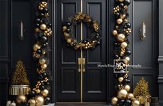 two black and gold christmas wreaths are on the front door of a house, surrounded by holiday decorations