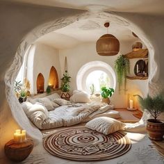 a room that has some plants and lights on the walls, with a bed in it