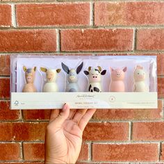 a hand is holding an open box with five small toy animals in it's packaging