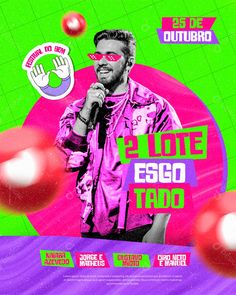 a poster for an event with a man holding a microphone in front of a green and pink background