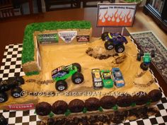 there are pictures of cakes made to look like racing cars and dirt track tracks on the cake