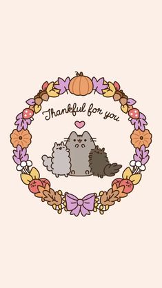 a cat and kitten sitting in a wreath with the words, thank for you