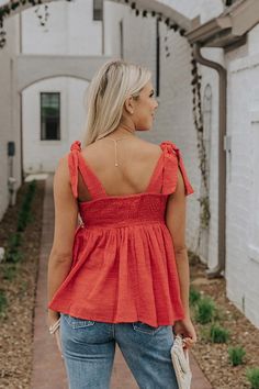 Add a pop of color to your wardrobe with our adorable tangerine hued 'Porch Swing Sippin' Tank' featuring lightweight material with horizontal embroidered stripes across the bodice, a square neckline and upper back with smocked detailing, wide sleeveless tie closure shoulder straps, and a flattering flared silhouette that falls into a straight hemline! Tie Strap Tank Top, Embroidered Stripes, Bohemian Top, Strap Tank Top, Bohemian Tops, Babydoll Style, Chambray Dress, Dresses By Length, Mini Shift Dress