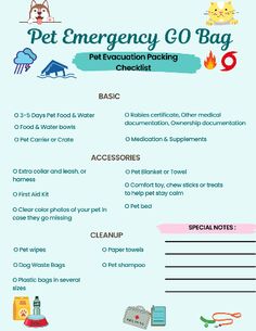 #Etsyseller Comprehensive checklist for a Pet Emergency Go Bag. Downloadable, printable Pet Emergency Preparedness checklist for dogs. Are you and your dog prepared for emergencies? If you had to evacuate your home due to a personal emergency or a natural disaster, would you be prepared for your dog or cat to evacuate with you, or would you scramble around trying to pack for your pet? Emergency Planner | Pet Emergency Printable Checklist | Dog Evacuation Checklist | Emergency Checklist for Dogs Emergency Printable, Evacuation Checklist, Pet Emergency Kit, Emergency Checklist, Health Checklist, Emergency Preparedness Checklist, Emergency Go Bag, Survival Prepping Diy, Pet Wipes