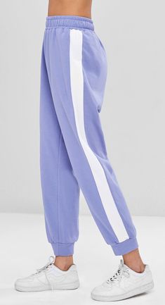 A perfect blend of the modern-chic and casual style, these pants are given a hint of contrast with its contrasting two-tone design along both sides. The sweatpants profile adds a little extra sporty vibe and the romantic hue offers a feminine, chic style to these pants. Pair them with any top to complete an effortless look. Style: Fashion Material: Cotton,Polyester Waist Type: High Fit Type: Regular Pattern Type: Patchwork Pant Style: Pencil Pants Two Tone Pants, Casual Women Outfits, Purple Mimosa, Cute Sweatpants, Sporty Pants, Sport Style, Fashion Materials, Lavender Blue, Women Outfits